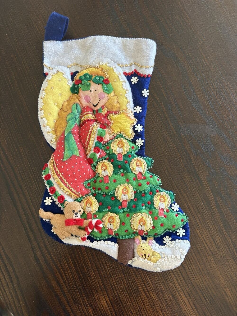 J&P Coats Vintage FINISHED Felt ANGEL & TREE Star Sequin STOCKING - Kit #28137A